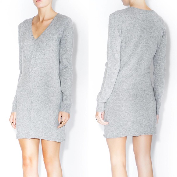 LAMade Dresses & Skirts - LA MADE Pure Cashmere Grey Knit Long Sleeve V Neck Mini Tunic Sweater Dress M